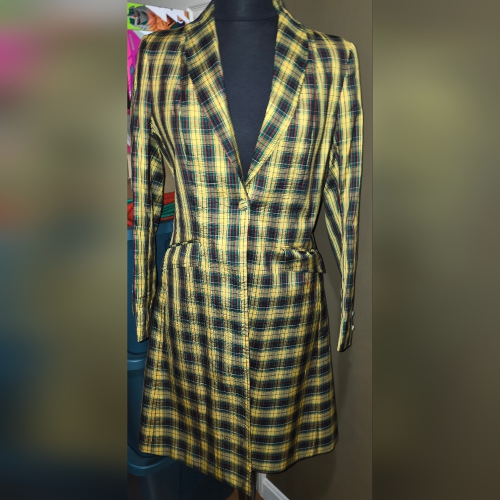 VINTAGE 100% SILK Yellow and Black Plaid Trench Coat Equestrian Small CAMBRAI